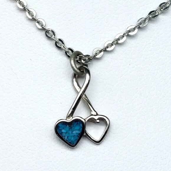 Vintage Infinity Double Heart Pendant Necklace With Turquoise Accent 16" Chain L - Picture 1 of 7